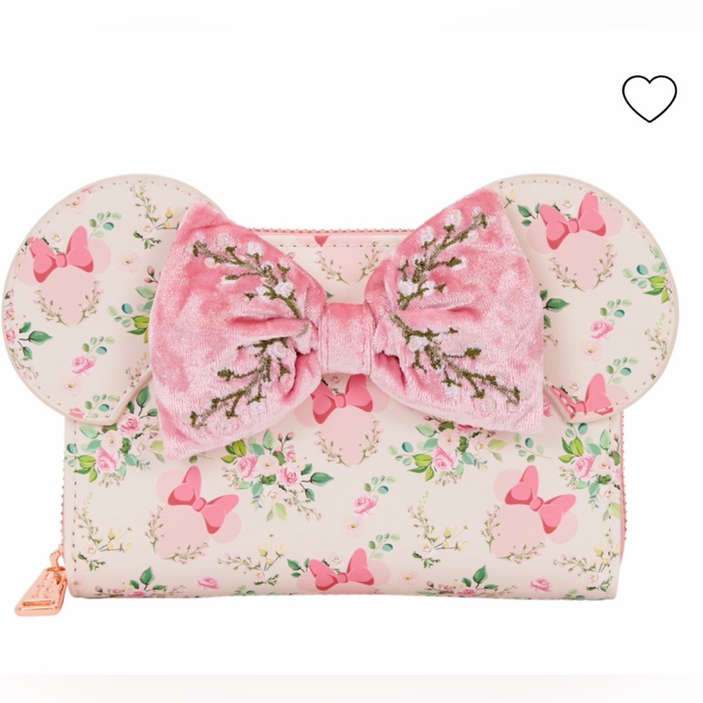 Loungefly Minnie Mouse Pink Floral Velvet Bow wallet with rose gold zipper NWT